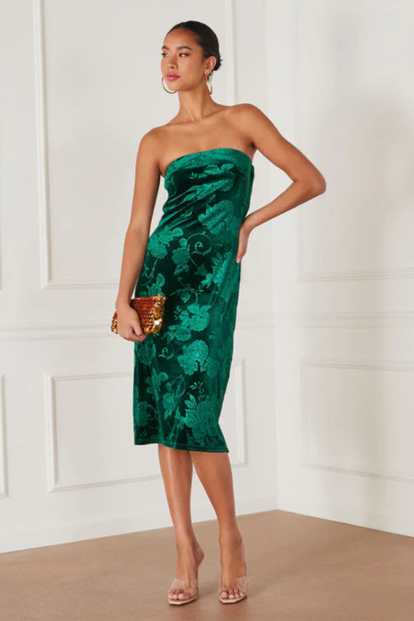 Zennie Strapless Velvet Floral Midi Dress