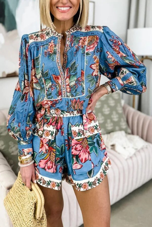 Wonderful Bouquet Floral Print Long Sleeve Blouse and Elastic Waist Pocketed Shorts Set