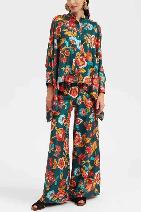 Stylish Unique Printed Irregular Loose Top and Elastic Waist Pocket Wide Leg Pants Set