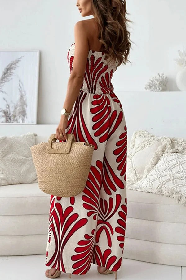 Unique Printed Off-shoulder Pleated Casual Wide-leg Jumpsuit