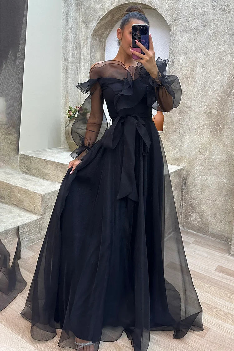 Tulle Off Shoulder Tie Waist Maxi Gown Dresses