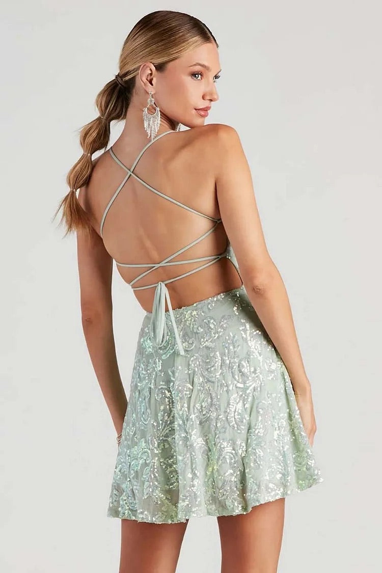 Floral sequin strappy backless A-line garden party mini dress