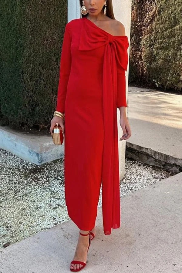 Vanessa Solid Color Long Sleeve Slim Fit Oversized Bow Tie Maxi Dress