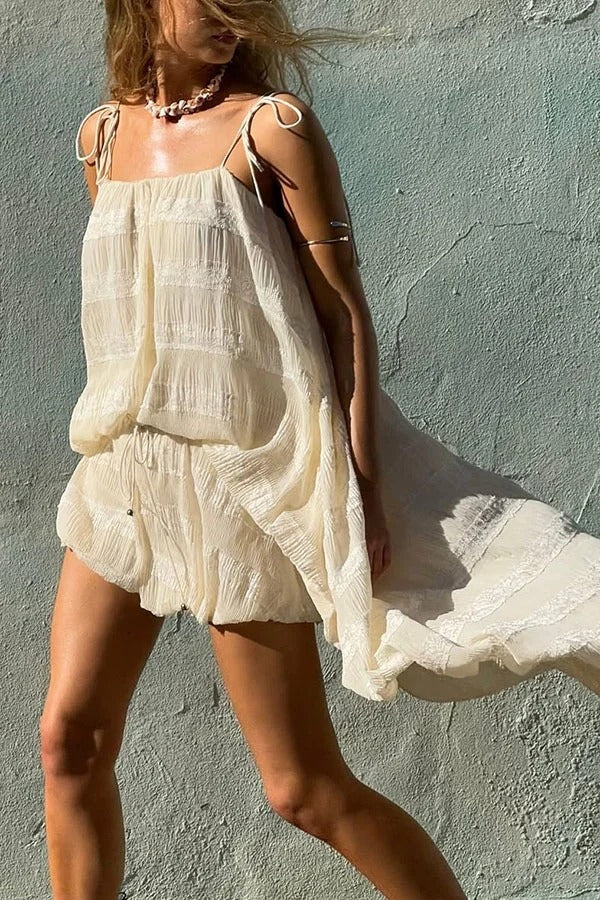 Petrova Textured Fabric Slip High Low Midi Tank and Drawstring Wasit Bubble Shorts Set