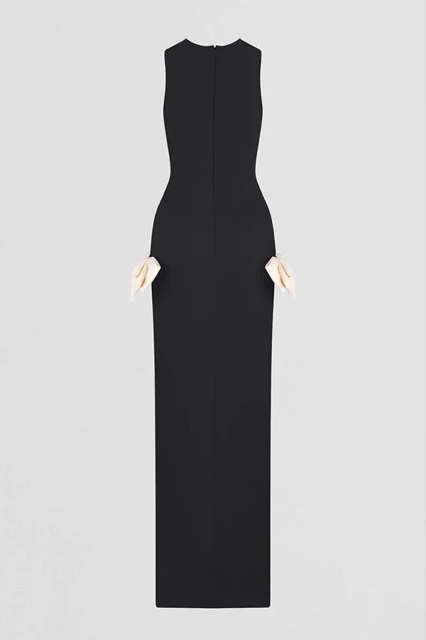 Sexy Sleeveless Round Neck Bow Detail Slim Fit Slit Maxi Dress