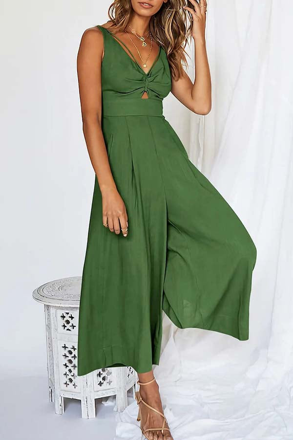 2023 SUMMER V NECK CUTOUT ADJUSTABLE STRAPS WIDE LEG JUMPSUITS