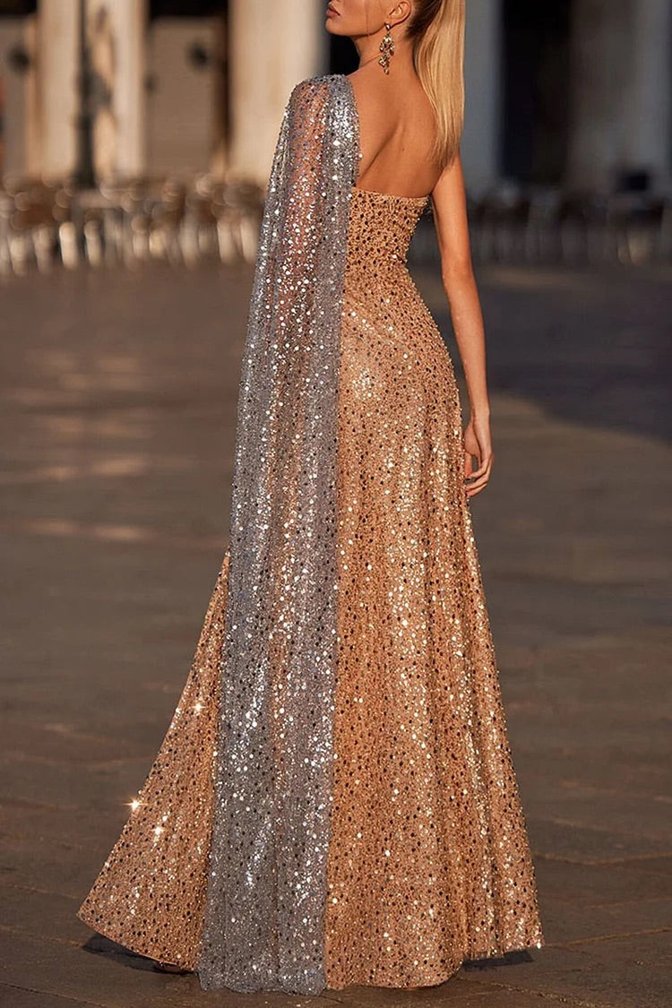 Sequin One Shoulder Cape Sleeve Cutout Slit Gown Maxi Dresses