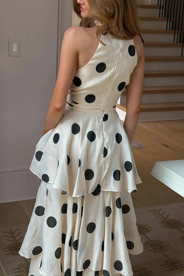 Gift To You Polka Dot Print High Rise Layered Hem Maxi Skirt