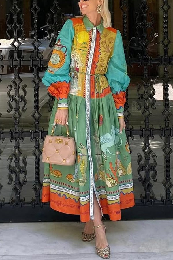 Puts A Smile – Midikleid mit einzigartigem Print, Revers und Laternenärmeln sowie Taillenschnürung