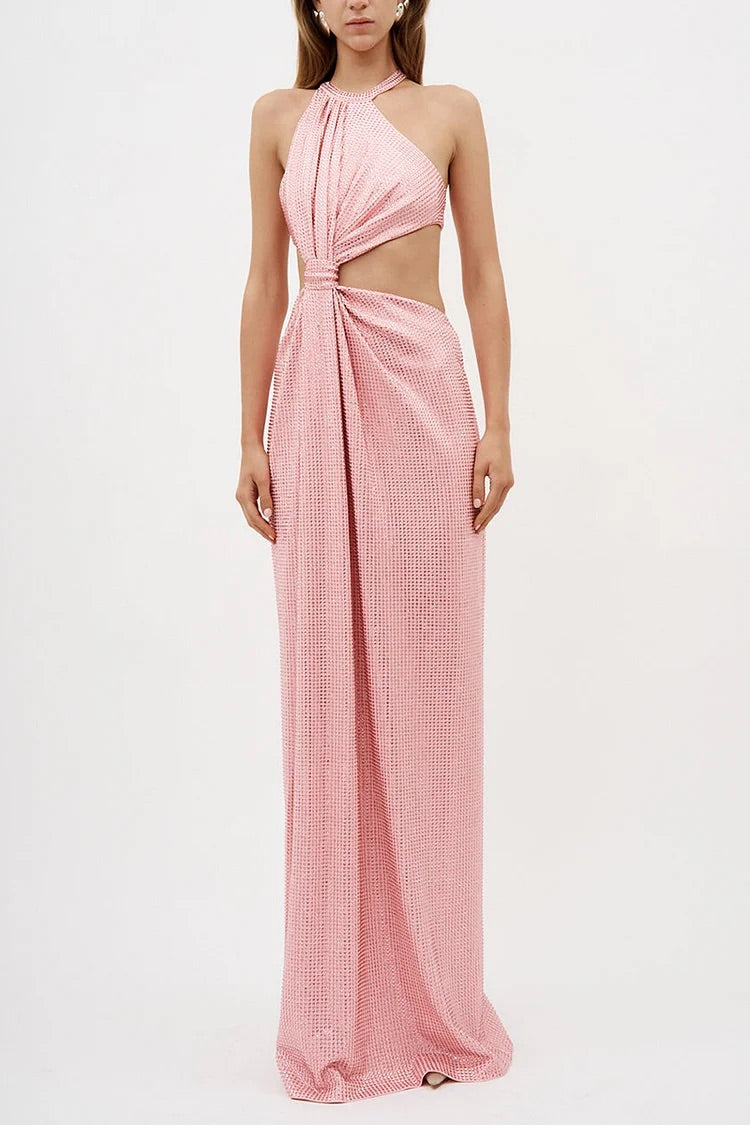 Rhinestone Knotted Cut Out Halter Formal Party Maxi Dresses-Pink