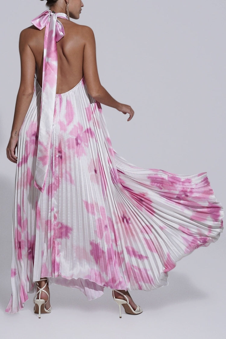 Opera Pleated Colorblock Camouflage Print Cutout Halter A-line Maxi Dress