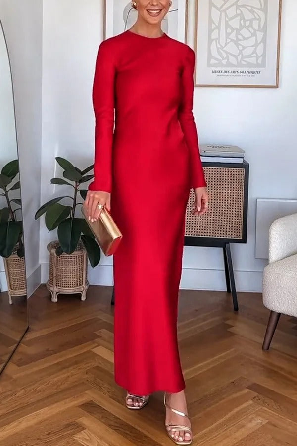 Winter Wedding Satin Back Tie-up Long Sleeve H-line Maxi Dress