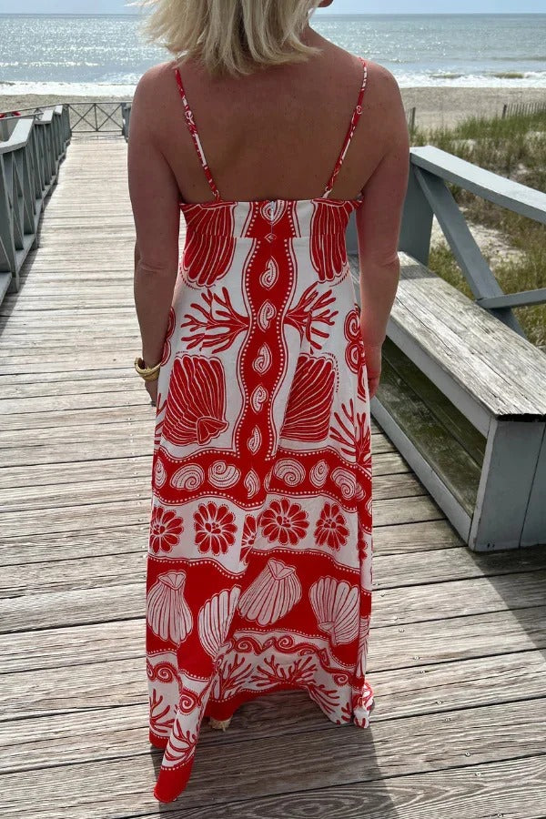 Beautiful Shell Unique Print Front Lace-Up Loose Maxi Dress