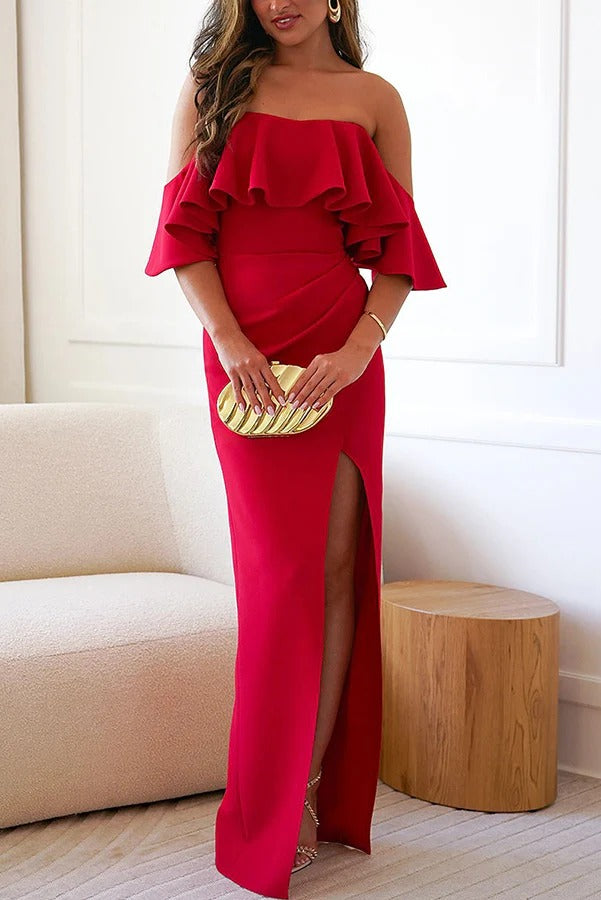 Guests To Impress Ruffle Off Shoulder Ruched Strapless Slit Maxi Dress