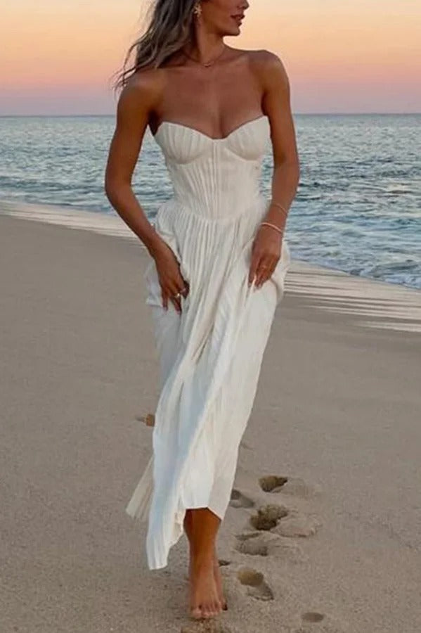 Romantic and Elegant Pleated Strapless Maxi Dress