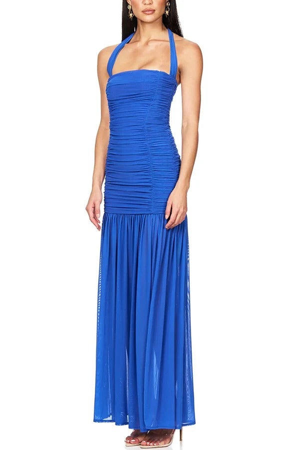 Chic Demeanor Mesh Overlay Ruched Halter Slit Stretch Maxi Dress