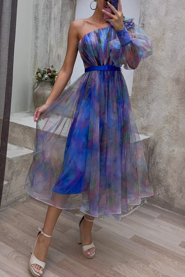 Monroe Tulle Floral Pleated One Shoulder Sleeve Belt Swing Midi Dress