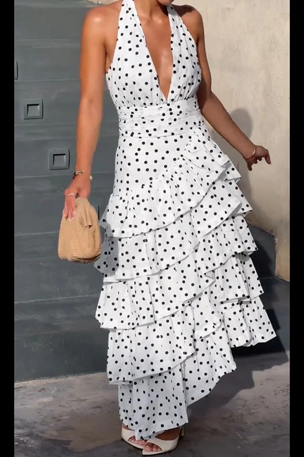 Violet Polka Dot Print Layered Ruffles Halter Tie-up Midi Dress