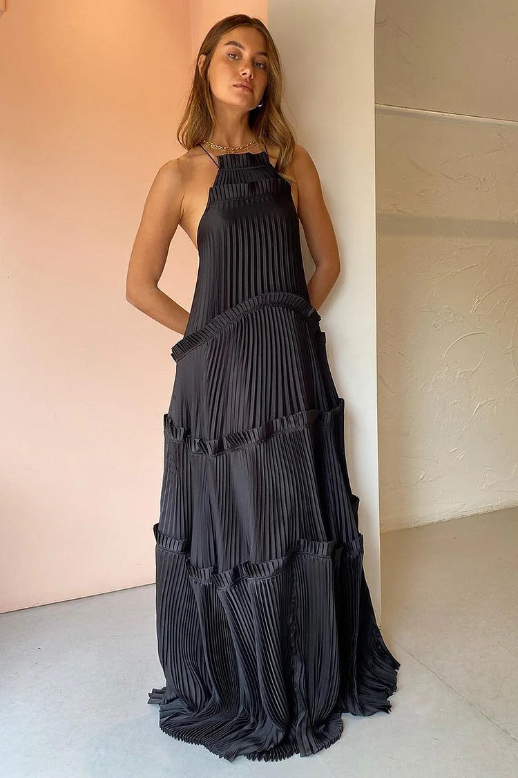 Halter Backless Tiered Pleated Solid Maxi Dresses-Black