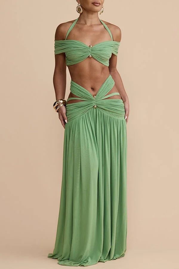 Martina Stretch Mesh Gold Metal Detail Gathered Sweetheart Crop Halter Vacation Tank