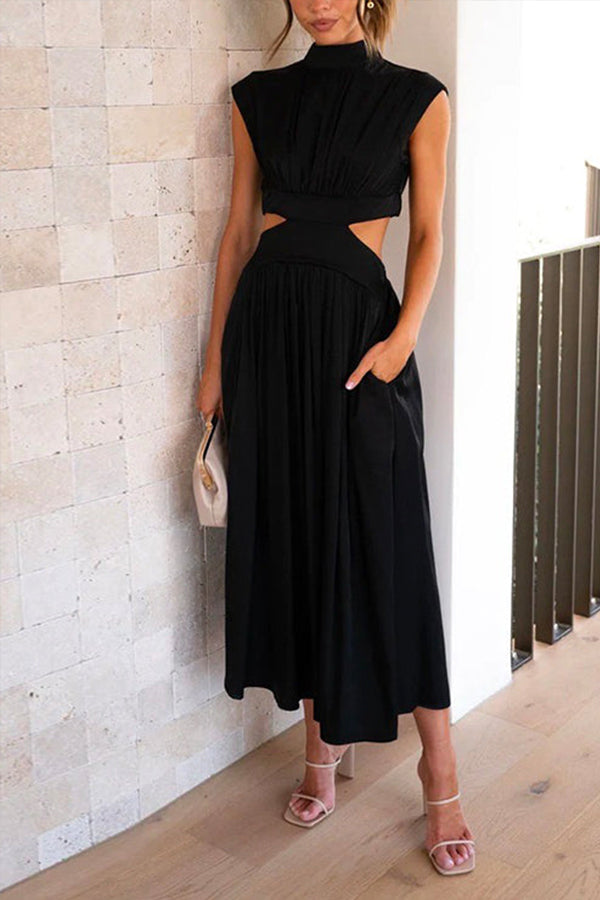 Solid Mockneck Cut Out Maxi A-line Swing Dress