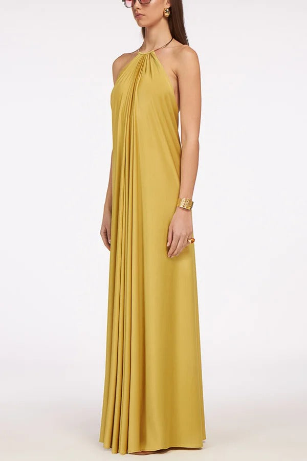 Solid Color Resort Style Halter Neck Open Back Large Hem Maxi Dress