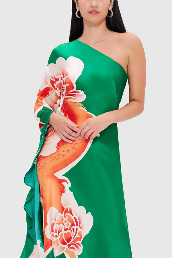 Elegance and Grace Satin Dragon Print One Shoulder Drape Sleeve Maxi Dress