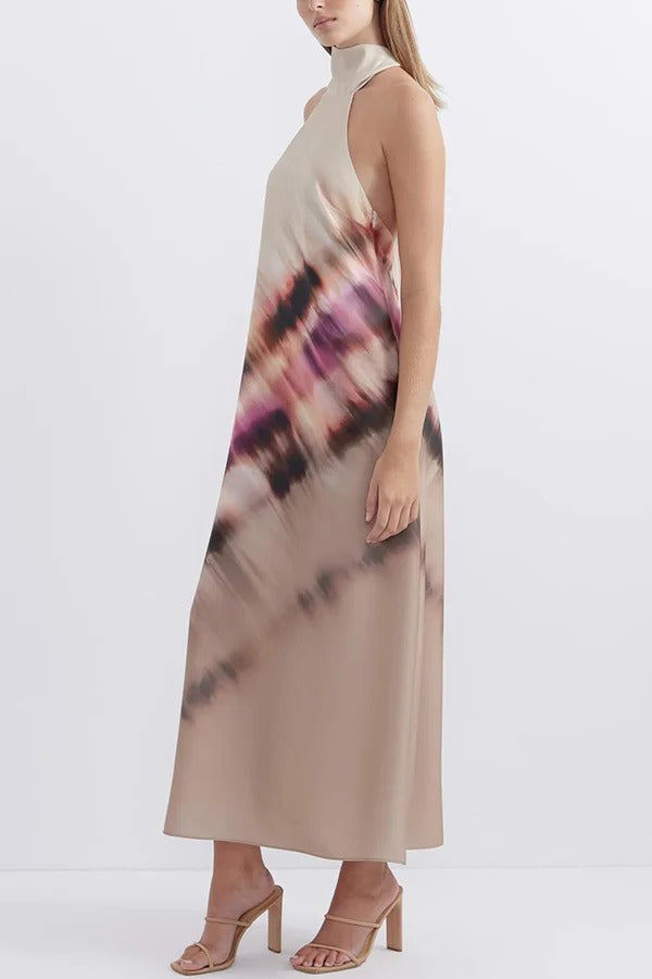 Unique Printed Halterneck Lace Up Backless Maxi Dress