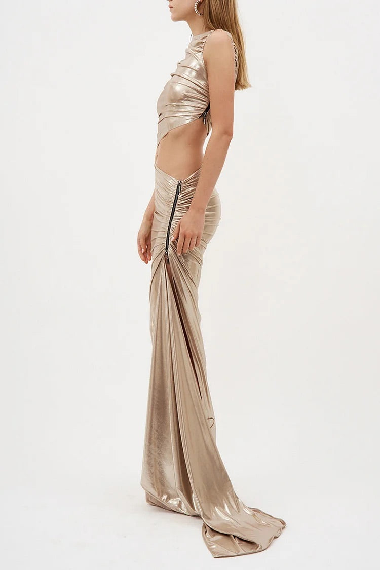 Metallic Sleeveless Cut Out Ruched Zipper Asymmetric Party Gown Maxi Dresses-Champagne