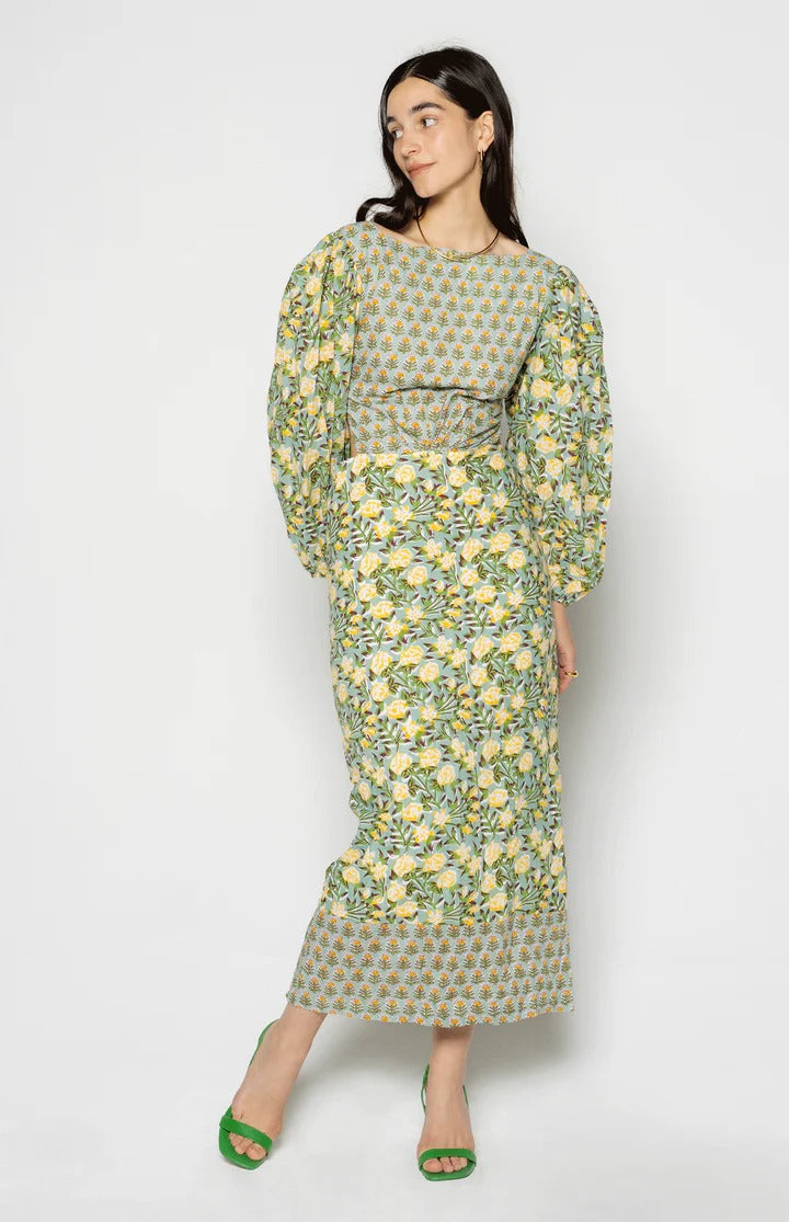 Mei Linen Blend Unique Print Puff Sleeve Cutout Back Tie-up Midi Dress