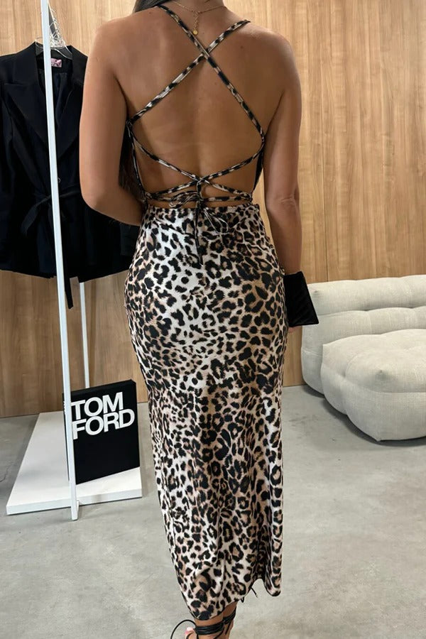 Fervently Fierce Leopard Print Back Lace-up Slit Stretch Midi Dress