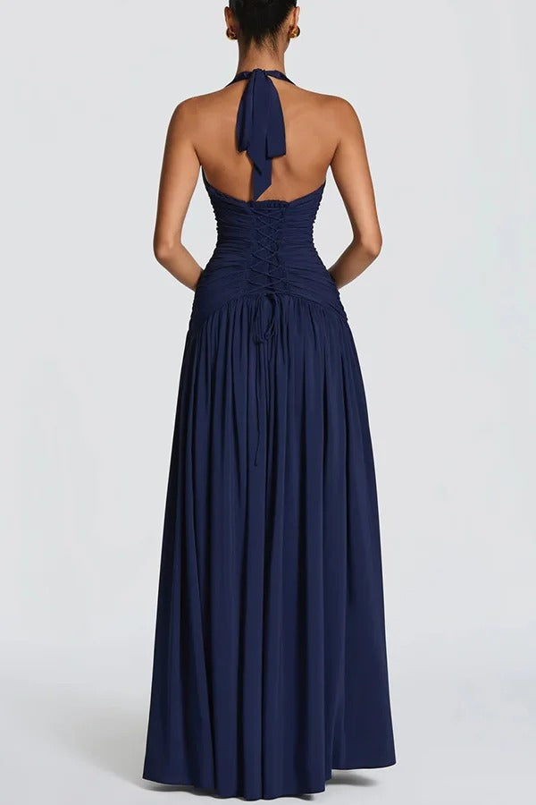 Amaris Halter Tie-up V-neck Ruched Detail Back Lace-up Slit Drape Maxi Dress