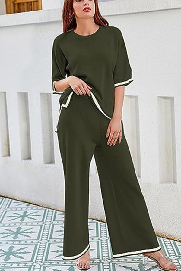 Lounge or Casual Wear Knit Patchwork Color Block Short Sleeve Top and Elastic Wide Leg Pants