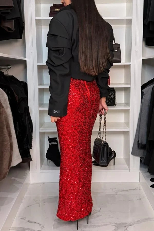 Let’s Celebrate Sequin High Rise Fishtail Maxi Skirt