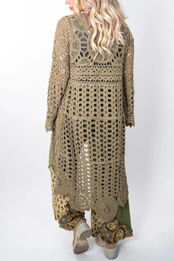 Boho Style Crochet Long Sleeve High Low A-line Maxi Top