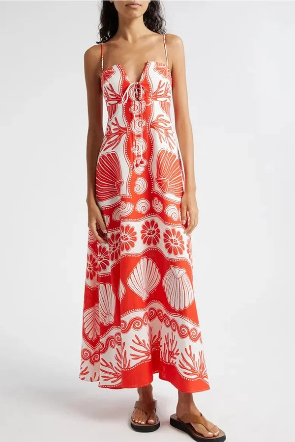 Beautiful Shell Unique Print Front Lace-Up Loose Maxi Dress