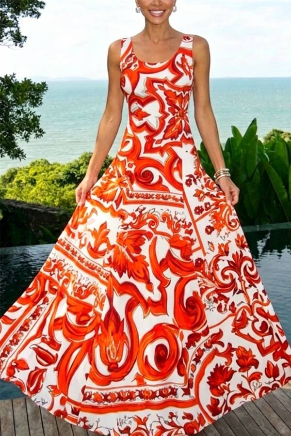 Arnell Contrast Color Artistic Floral Print Square Neck Pleated Hem Maxi Dress
