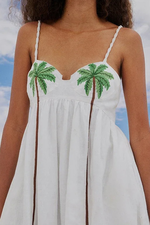 Coconut Tree Pattern Pleated Tank Top A-Line Maxi Dress