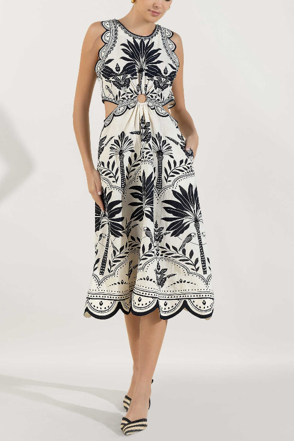 Naiara Palm Print Sleeveless Scalloped Trim Midi Dress