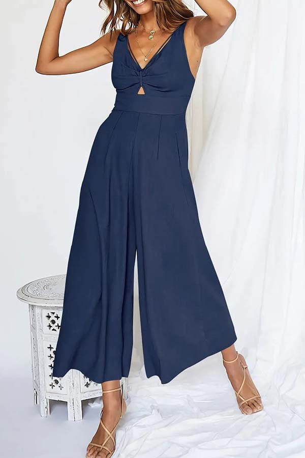 2023 SUMMER V NECK CUTOUT ADJUSTABLE STRAPS WIDE LEG JUMPSUITS