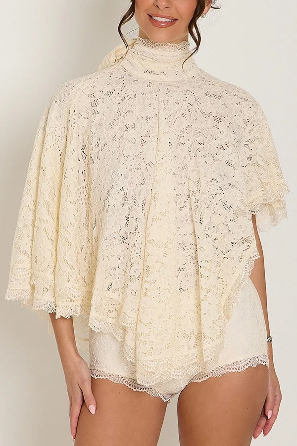 Carmen Lace Bow-tie Round Neckline Ruffle Cape Overlay Top