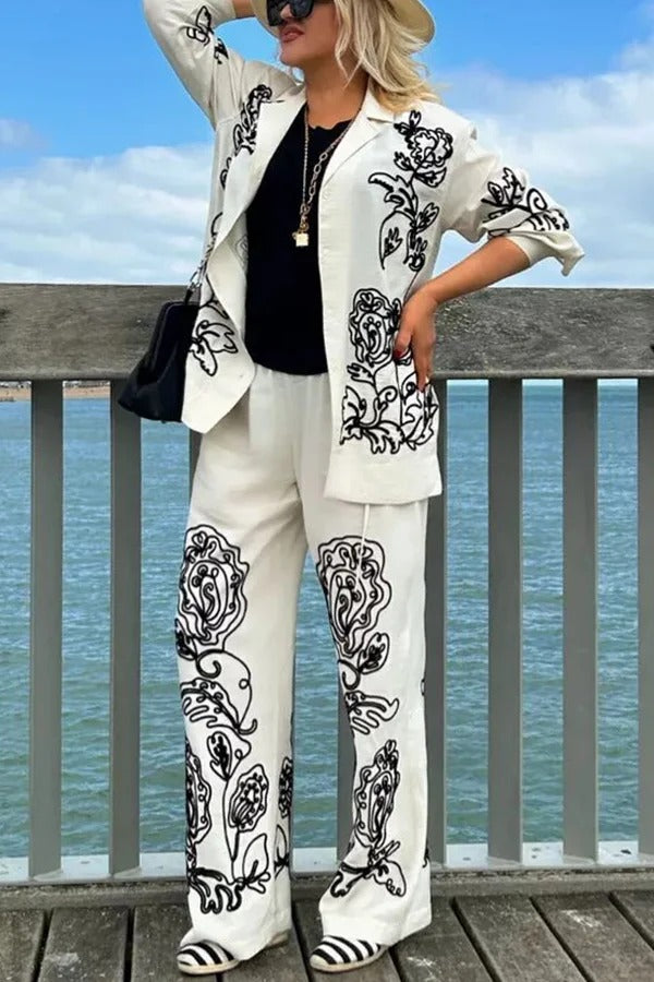 Bella Linen Blend Embroidered Floral Print Long Sleeve Loose Shirt and Elastic Waist Pocket Pants Set