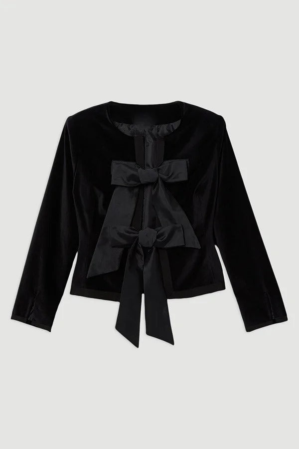 Cue The Cocktails Velvet Tailored Taffeta Bow Detail Peplum Jacket