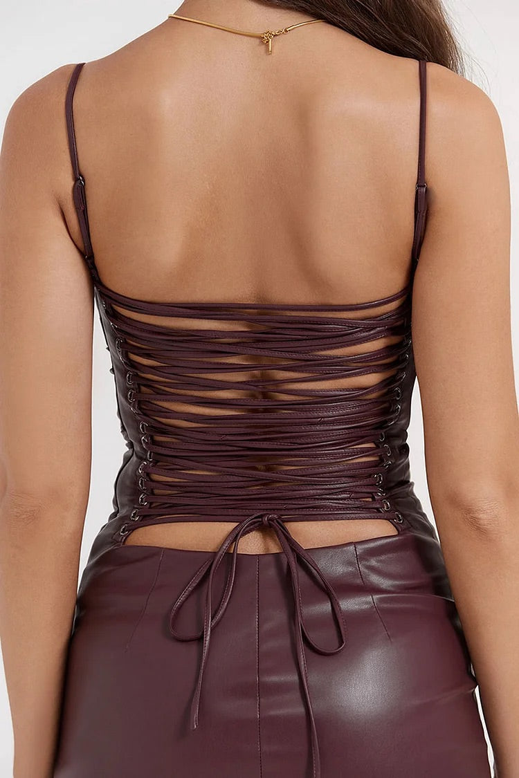 Lace Up Back Cocktail Party Leather Slip Midi Dresses