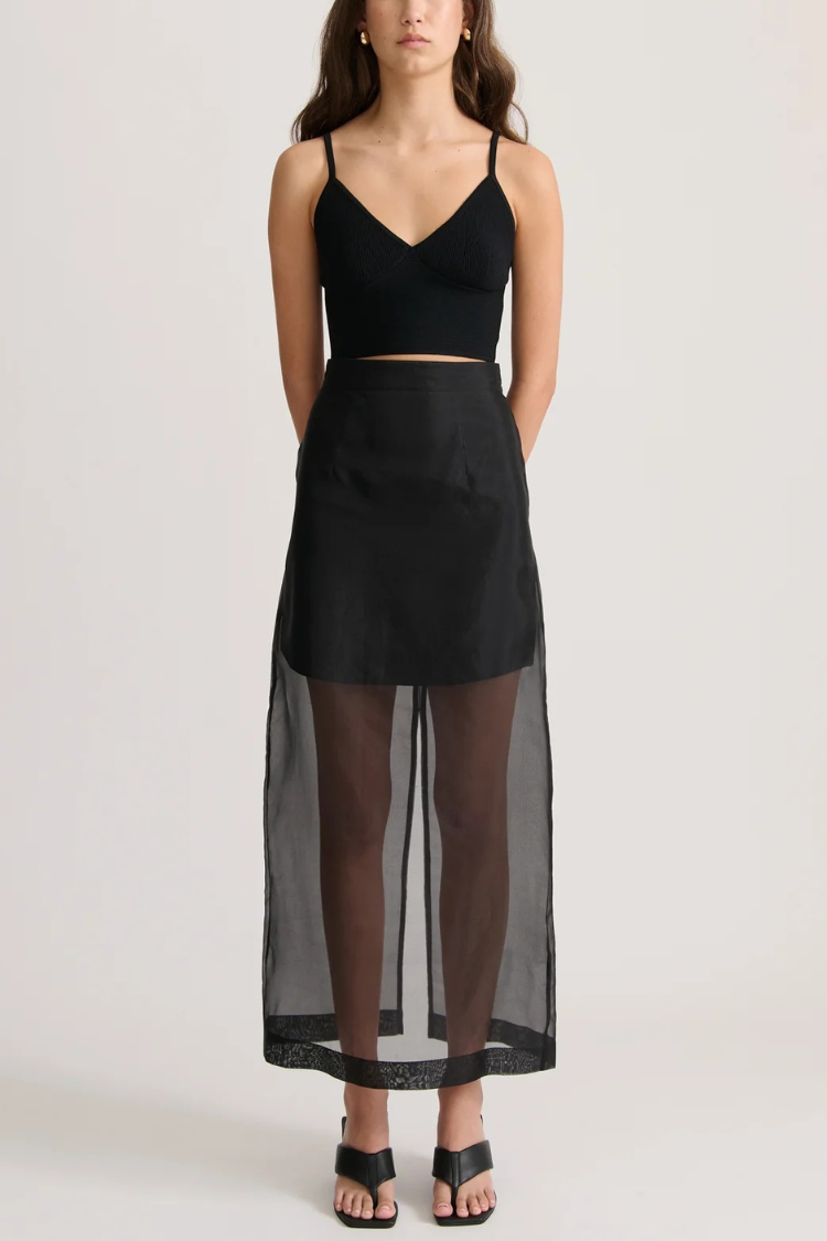 Ensemble débardeur oversize à poches en organza transparent moderne et jupe midi fendue taille haute
