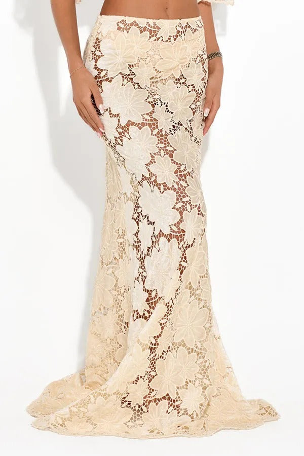 Modern Allure Floral Embroidery Lace Bell Sleeve Crop Top and High Rise Flare Maxi Skirt Set