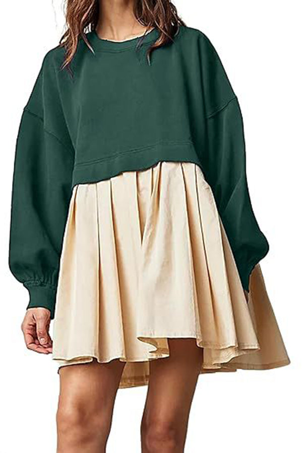 Sweet and Special Exaggerated Pleated Patchwork Sweatshirt A-line Mini Dress