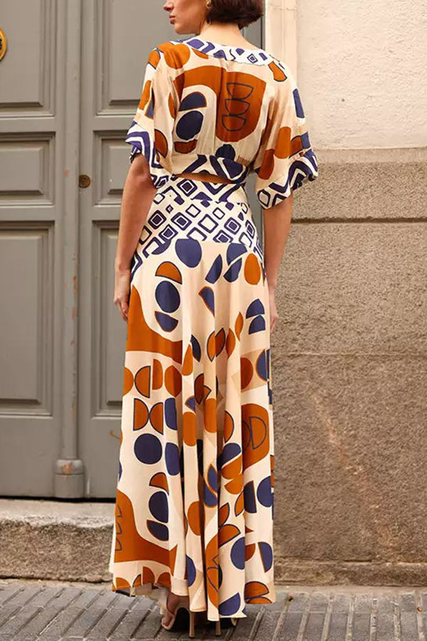 Geometric Unique Print Cutout Waist Wide Sleeve Maxi Dress