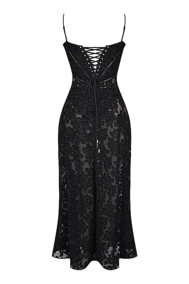 Floral Jacquard Lace Gothic Party Flowy Slip Maxi Dresses