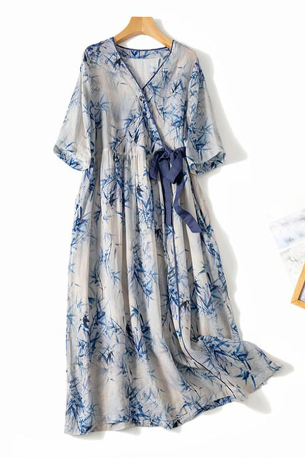 Floral Cotton Linen V-Neck Printed Swing Dress